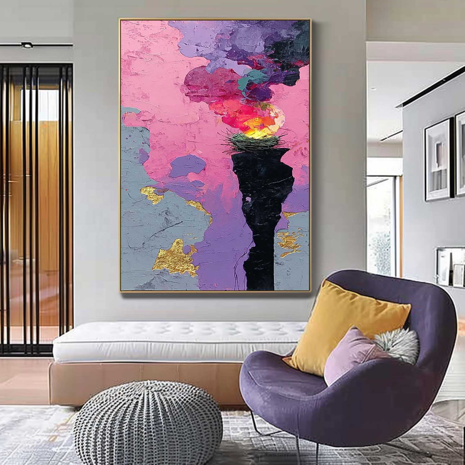 Original Bird's Nest Flames Painting Bright Texture Acrylic painting Abstract Large Wall Art Fashion Art