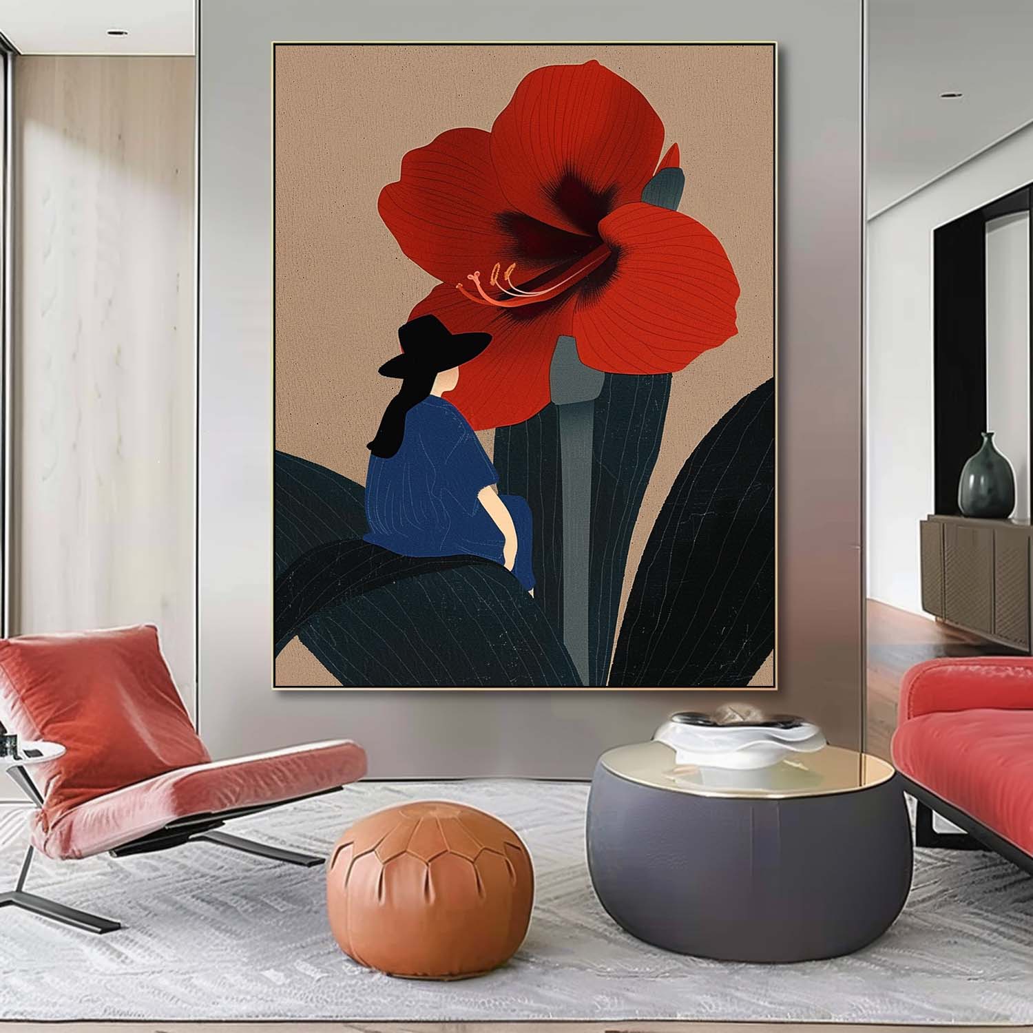 Large Figure Painting Original Girl On Flowers Wall Art Illustration style Abstract Artwork For Living Room