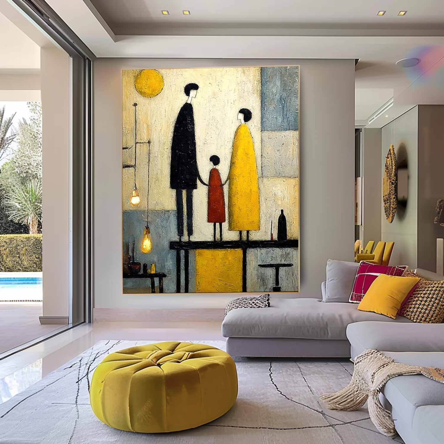 Modern City Silhouette Original Neutral Background Oil Painting Minimalist Family Wall Art Home Decor