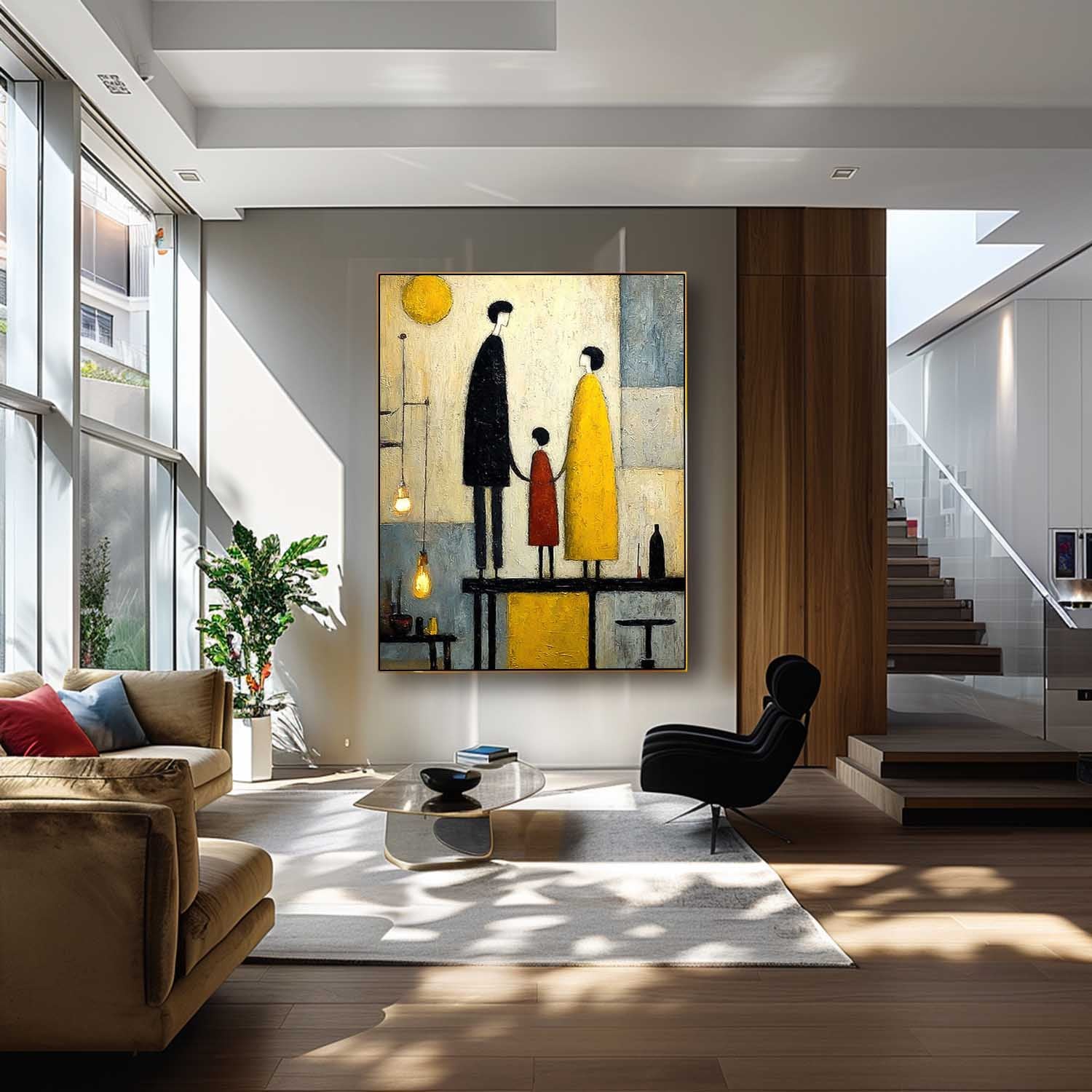 Modern City Silhouette Original Neutral Background Oil Painting Minimalist Family Wall Art Home Decor