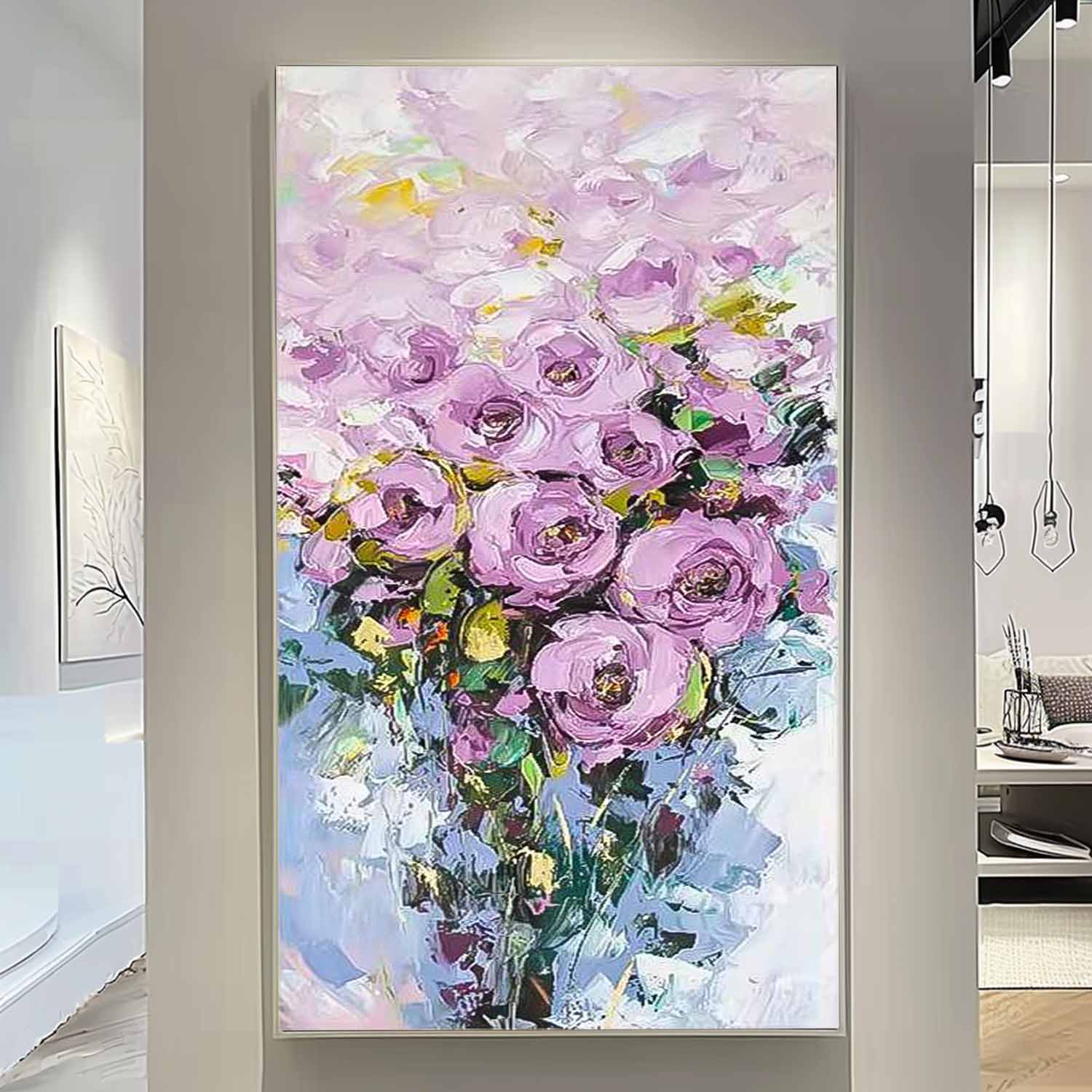 Vibrant Purple Long Version Large Abstract Oil Painting Original Rose Flower Wall Art Painting Home Decor