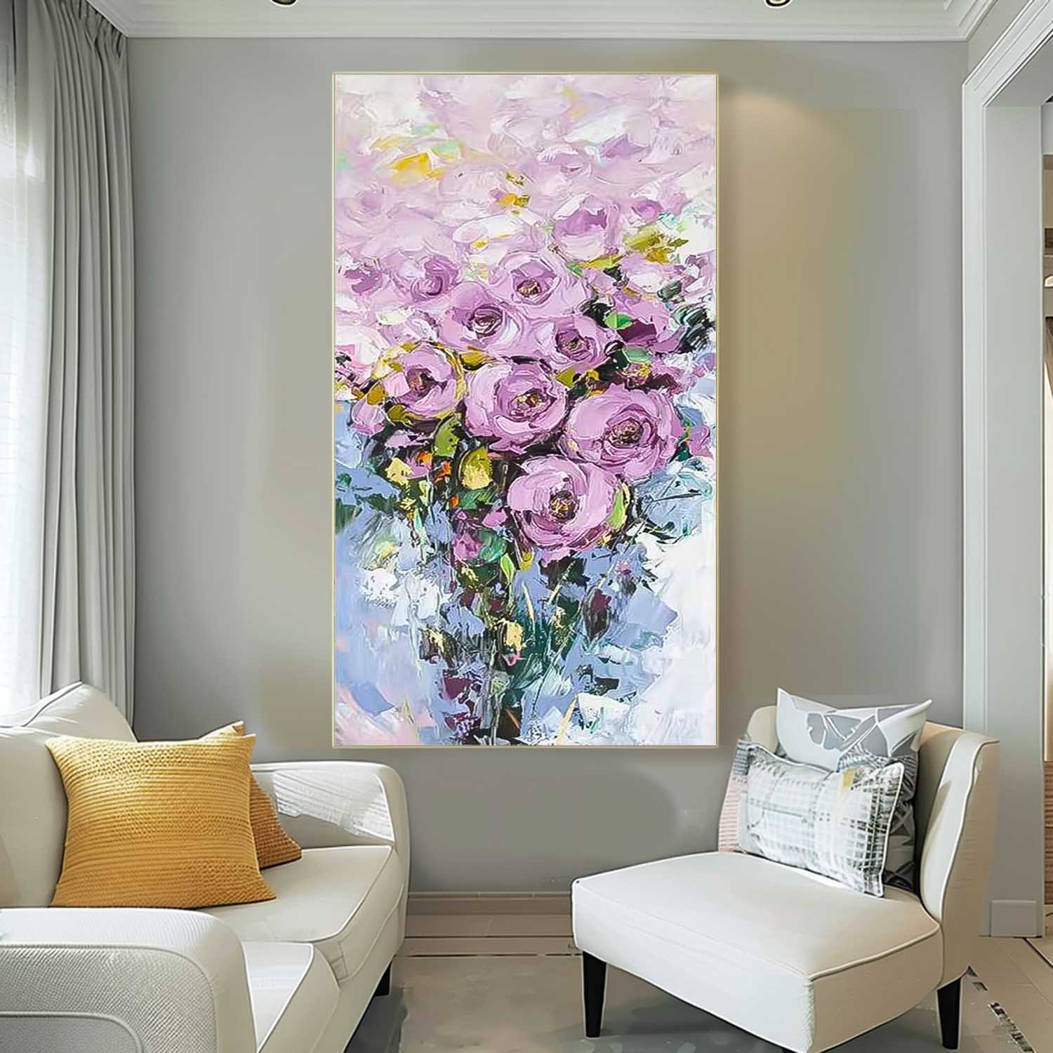 Vibrant Purple Long Version Large Abstract Oil Painting Original Rose Flower Wall Art Painting Home Decor