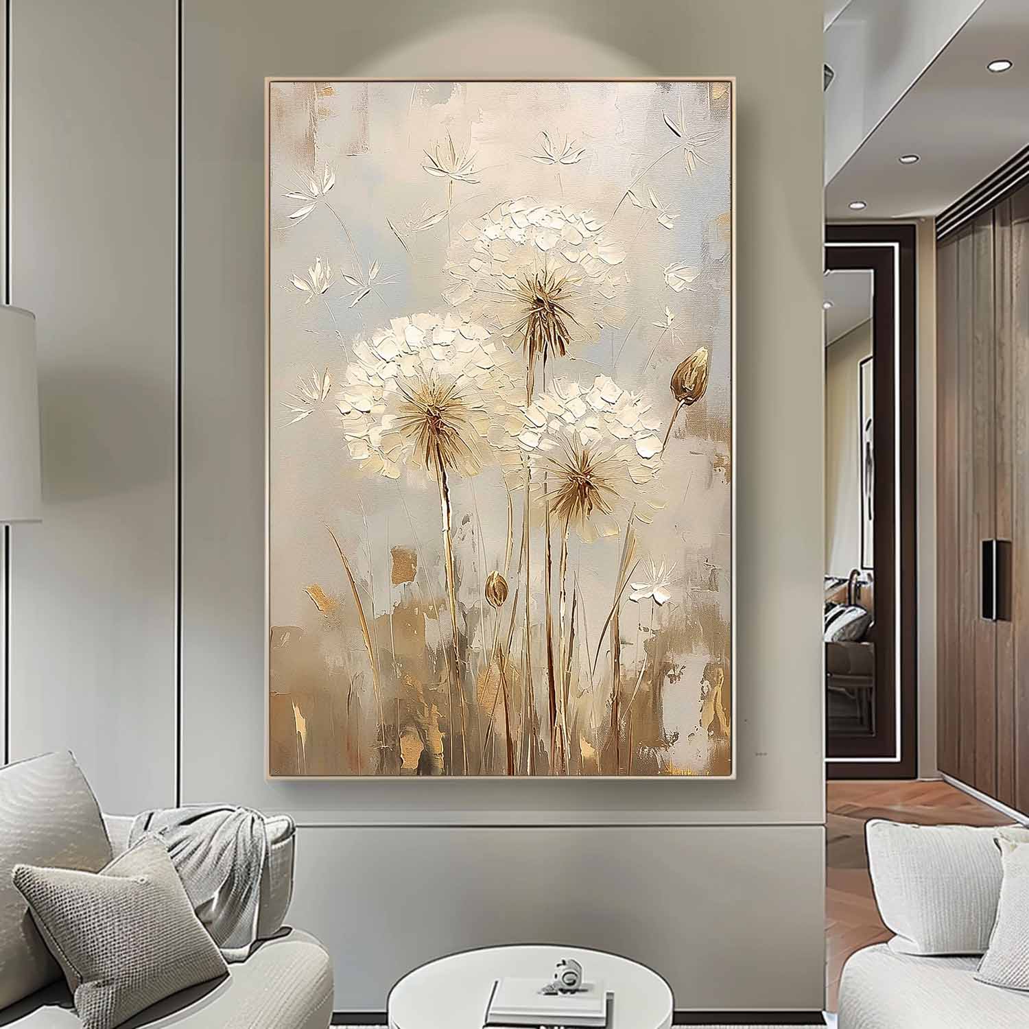 Abstract Flower Oil Painting on Canvas Delicate Dandelion Painting Wall Decor Large Original Texture Flowers Art