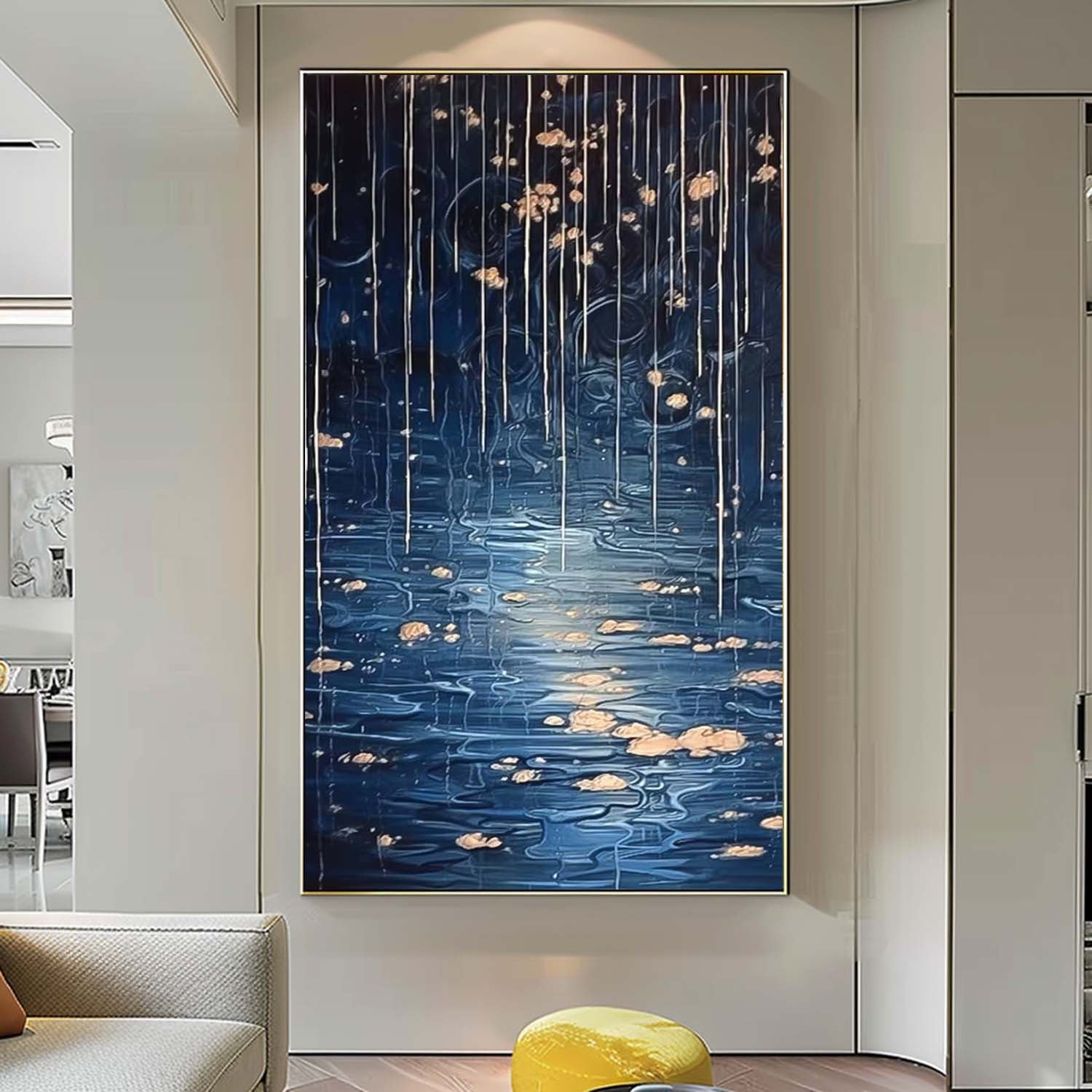 Blue Long Version Large Abstract Rain Oil Painting Original Raindrop Wall Art Texture Painting Home Decor