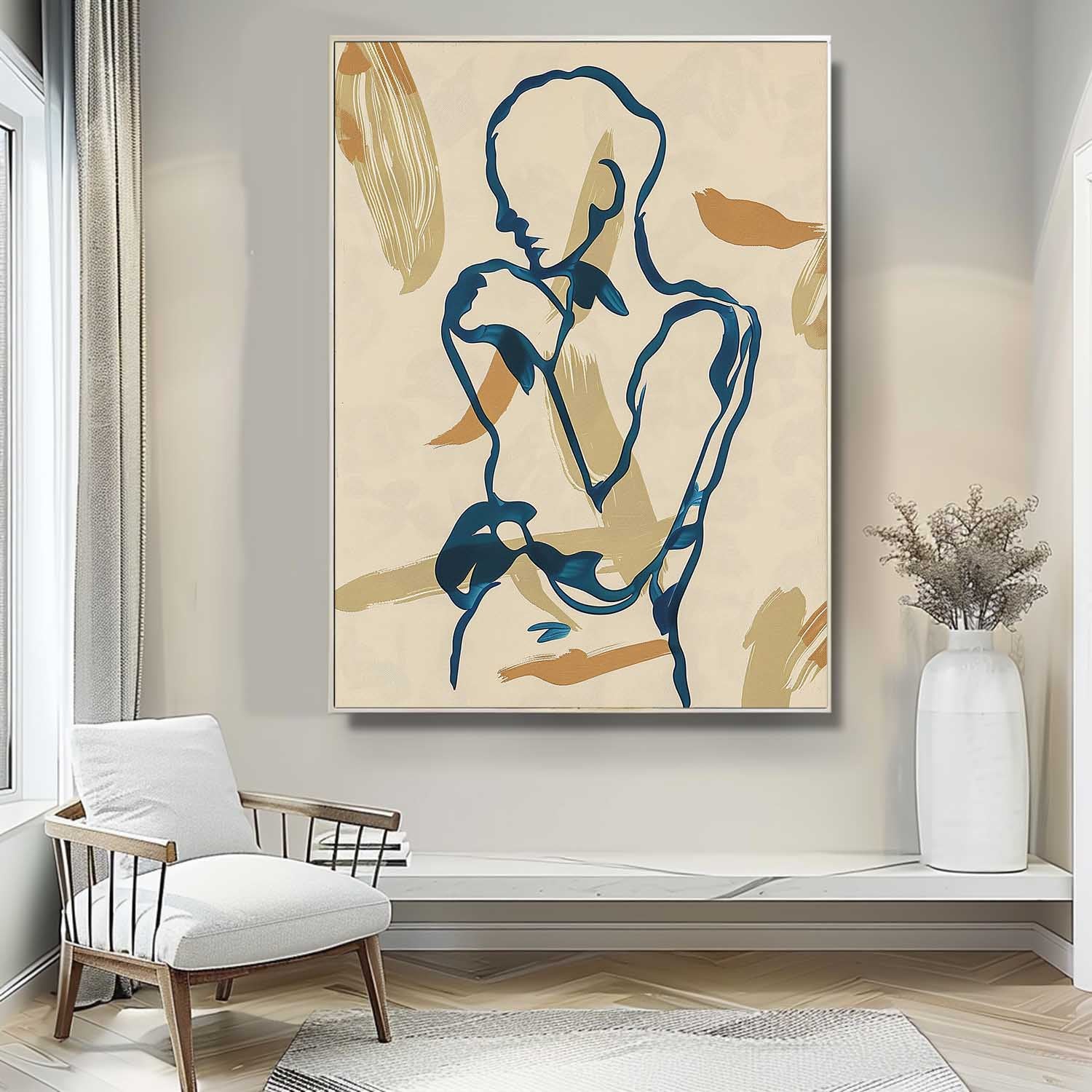 Figure Contour Acrylic Painting Minimalism Artwork Nordic Style Original Abstract Body Line Outline Wall Art