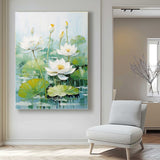 Impressionism Lotus Leaves And White Lotus Flowers Painting Framed Large Floral Textured Abstract Acrylic Wall Art