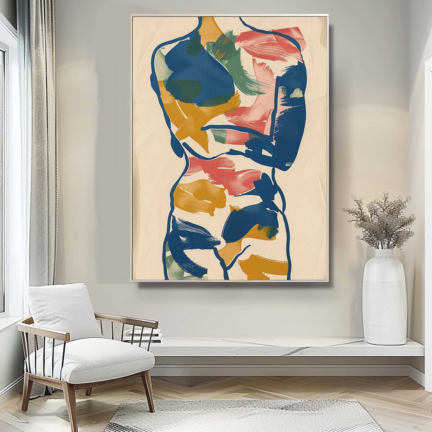 Vibrant Boho Original Abstract Color Body Line Outline Wall Art Figure Contour Acrylic Painting Minimalism Artwork