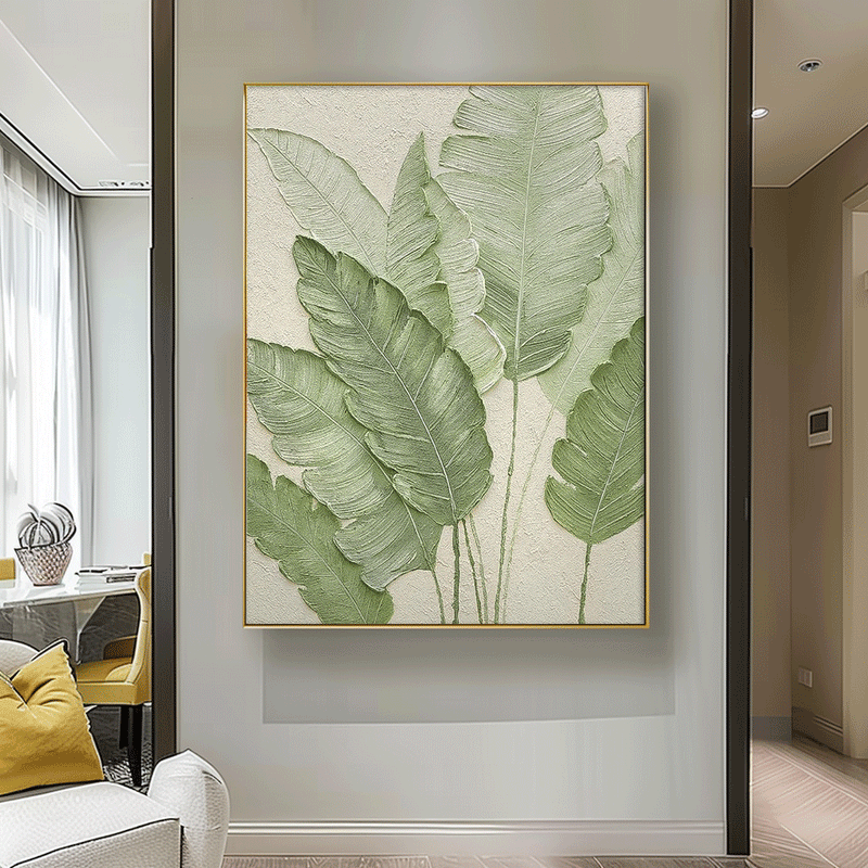 Contemporary Leaf Paintings Summer Painting Framed Large Thick Texture Abstract Green Leaf Paintings Wall Art