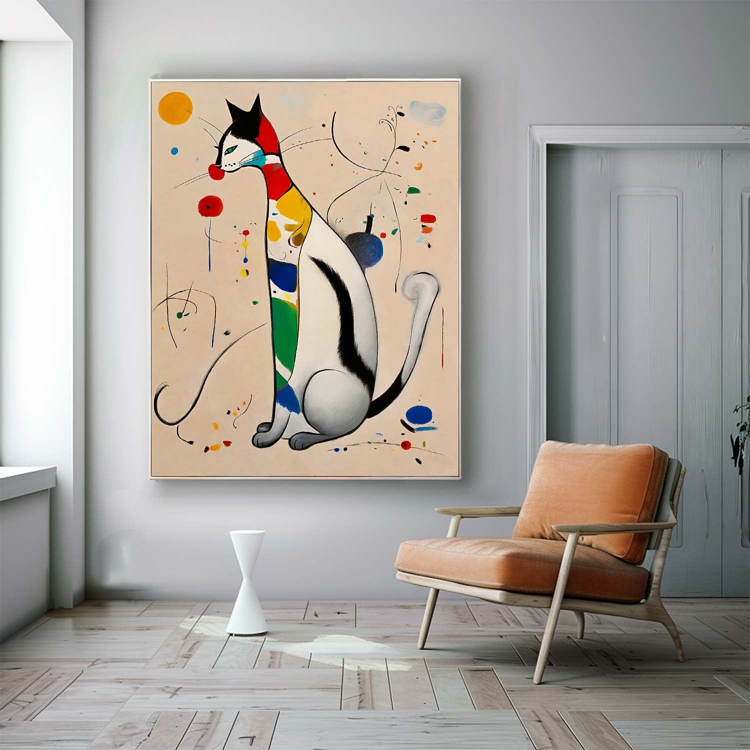 Modern Cat Oil Painting Framed Artwork Surreal Joan Miró Style Abstract Cat Oil Painting Large Cat Pop Art