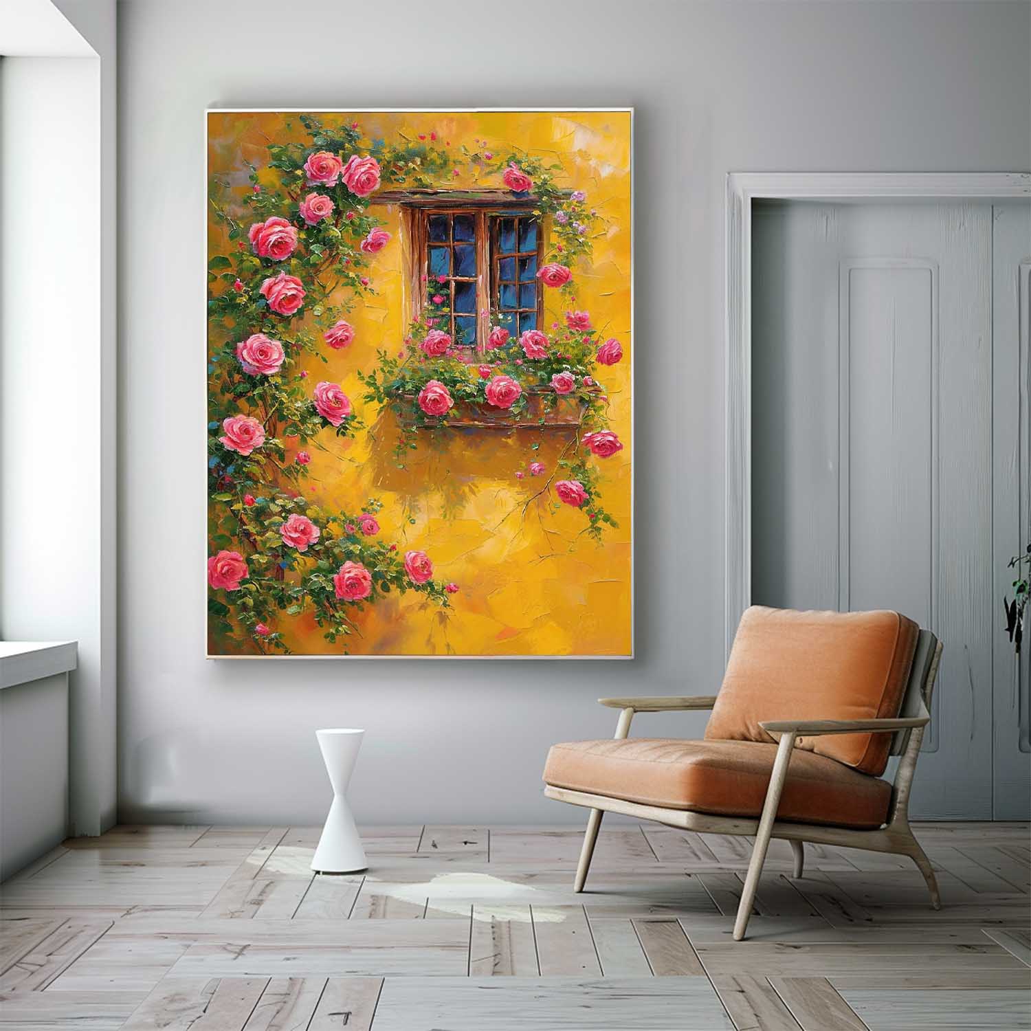 Flowers And Yellow Building Acrylic Painting Canvas Large Textured Art Original Floral Painting Home Decor