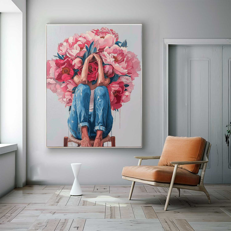 Original Wall Art Abstract beautiful Peony Painting Colorful Faceless Artwork Large Portrait Painting Home Decor