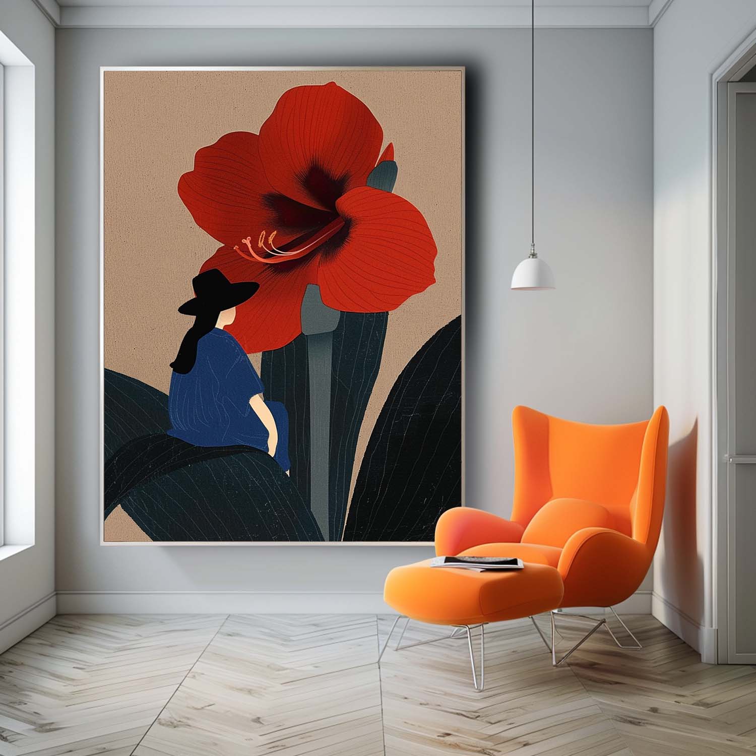 Large Figure Painting Original Girl On Flowers Wall Art Illustration style Abstract Artwork For Living Room