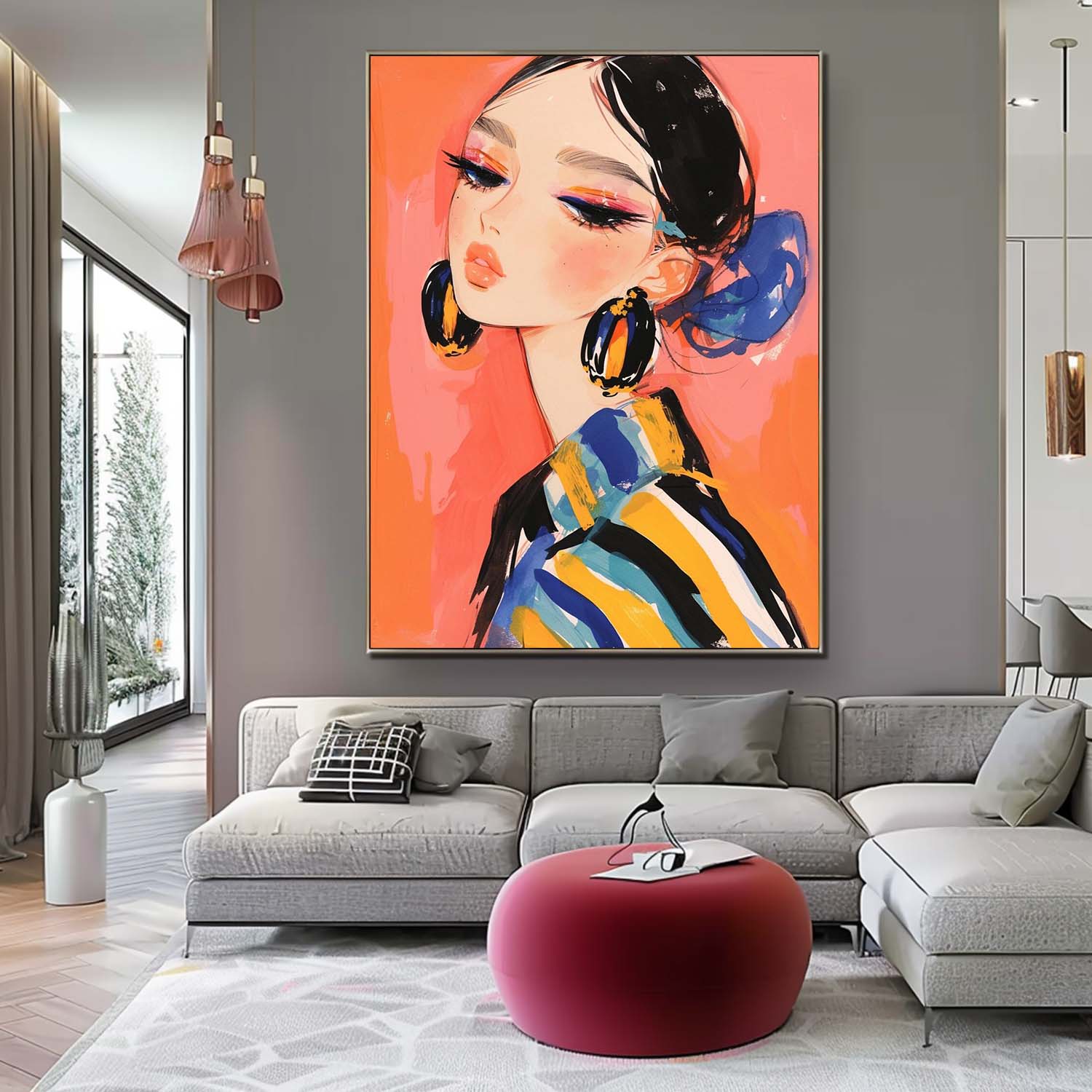 Cartoon Character Painting Framed Artwork Large Fgure Acrylic Painting Cute Girl Original Abstract Wall Art