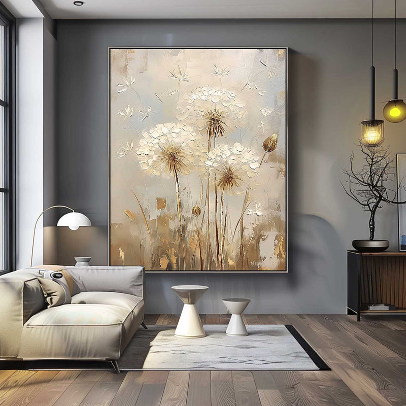 Abstract Flower Oil Painting on Canvas Delicate Dandelion Painting Wall Decor Large Original Texture Flowers Art