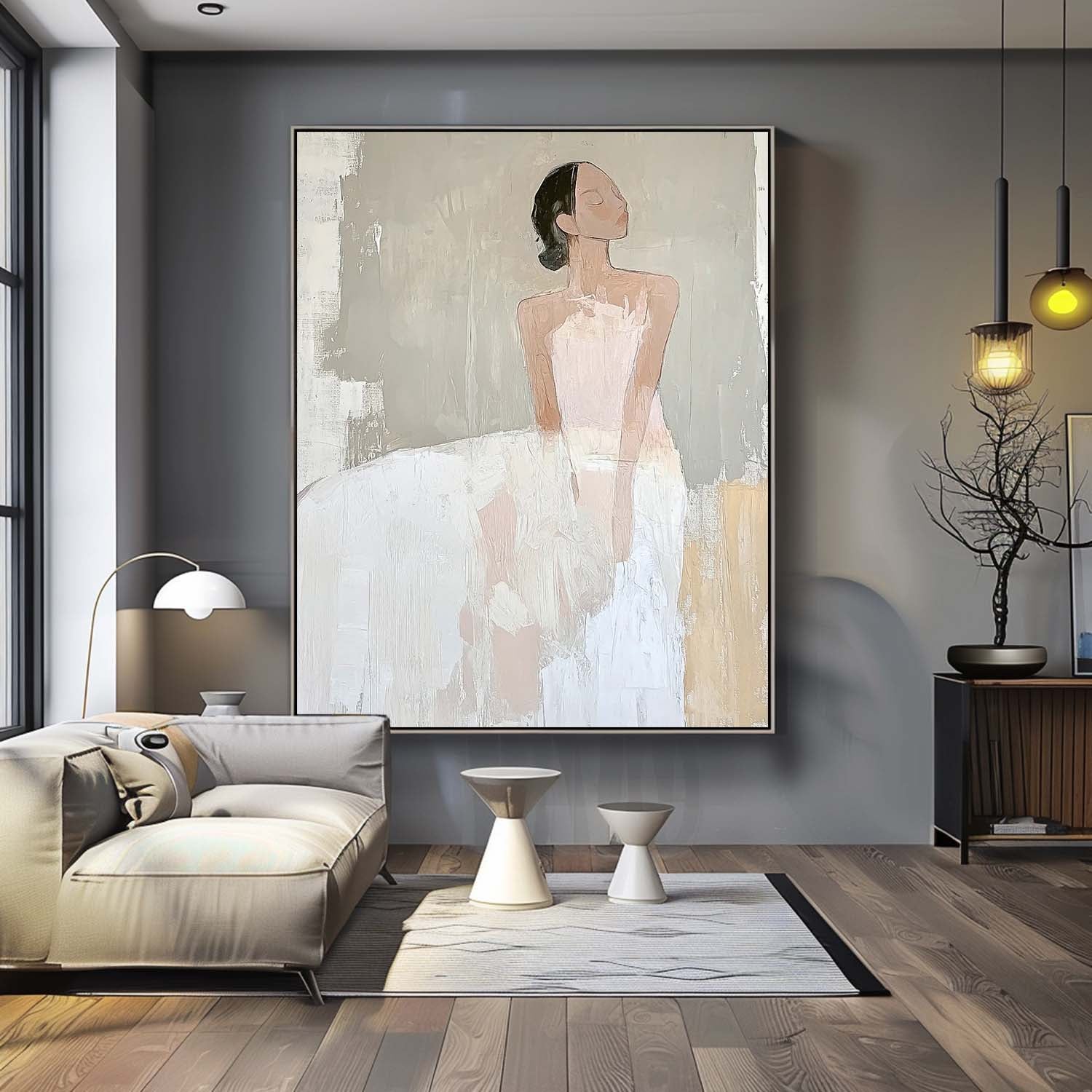 Large Figure Painting Original Elegant Woman Silhouettes Wall Art Minimalism Shadow Abstract Artwork Gift
