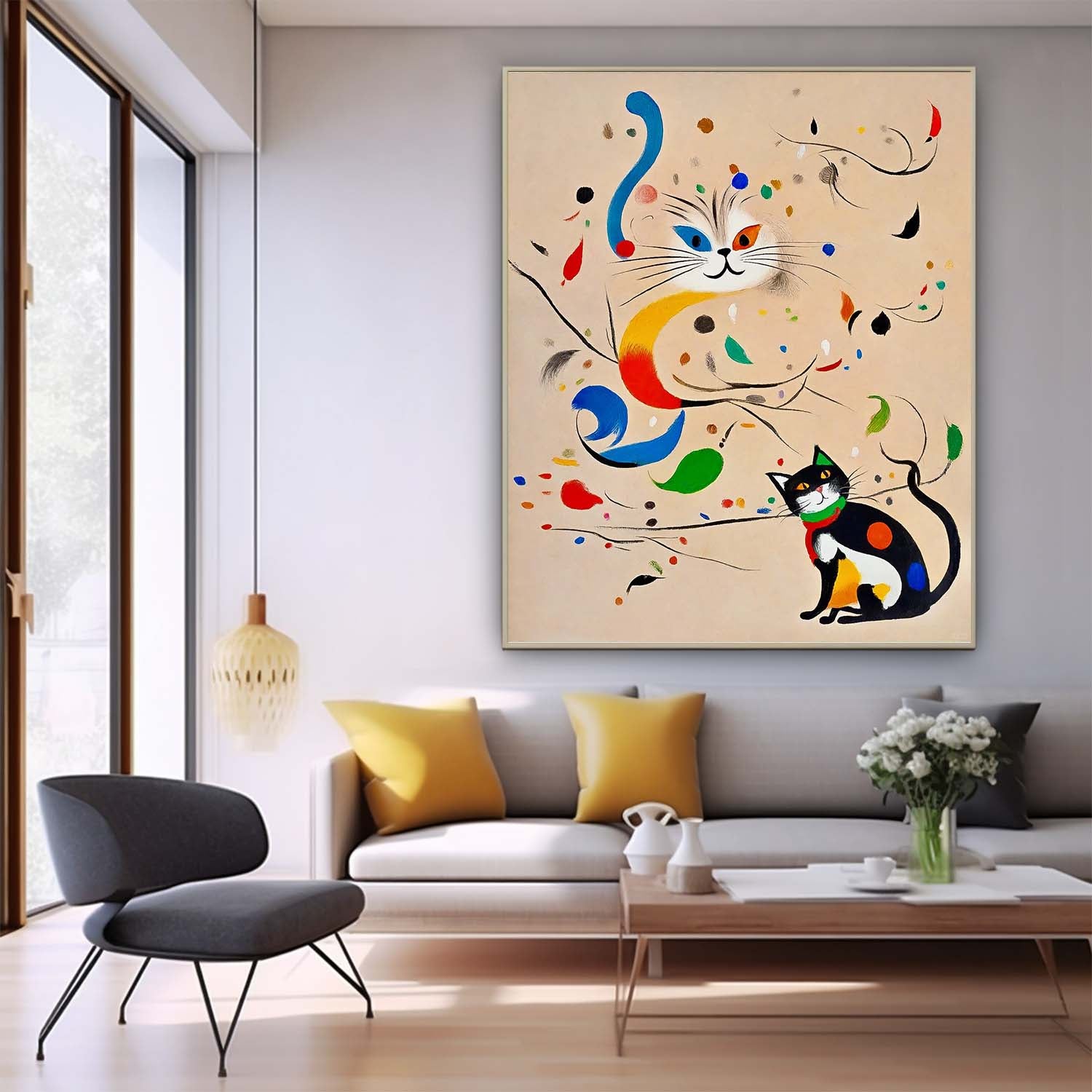 Colorful Modern Cat Oil Painting Joan Miró Style Abstract Cat Acrylic Painting Pop Artwork Home Decor