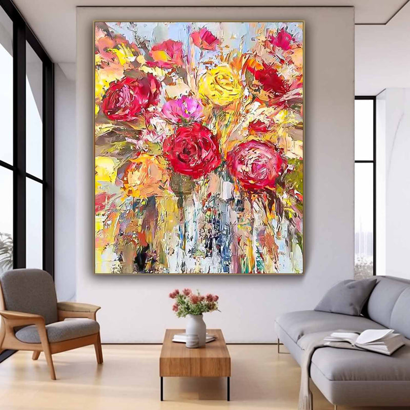 Affordable Abstract Yellow And Red Roses Acrylic  Painting On Canvas Contemporary Wall Art For Living Room