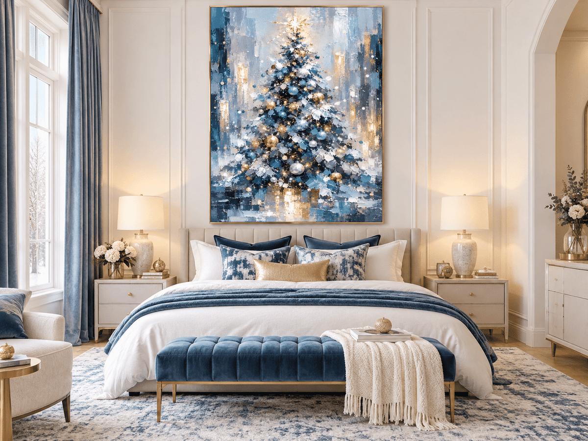 Textured Abstract Art With Vintage Touch Abstract Blue And Gold Christmas Tree Canvas Painting Hand-Painted Modern Holiday Wall Art