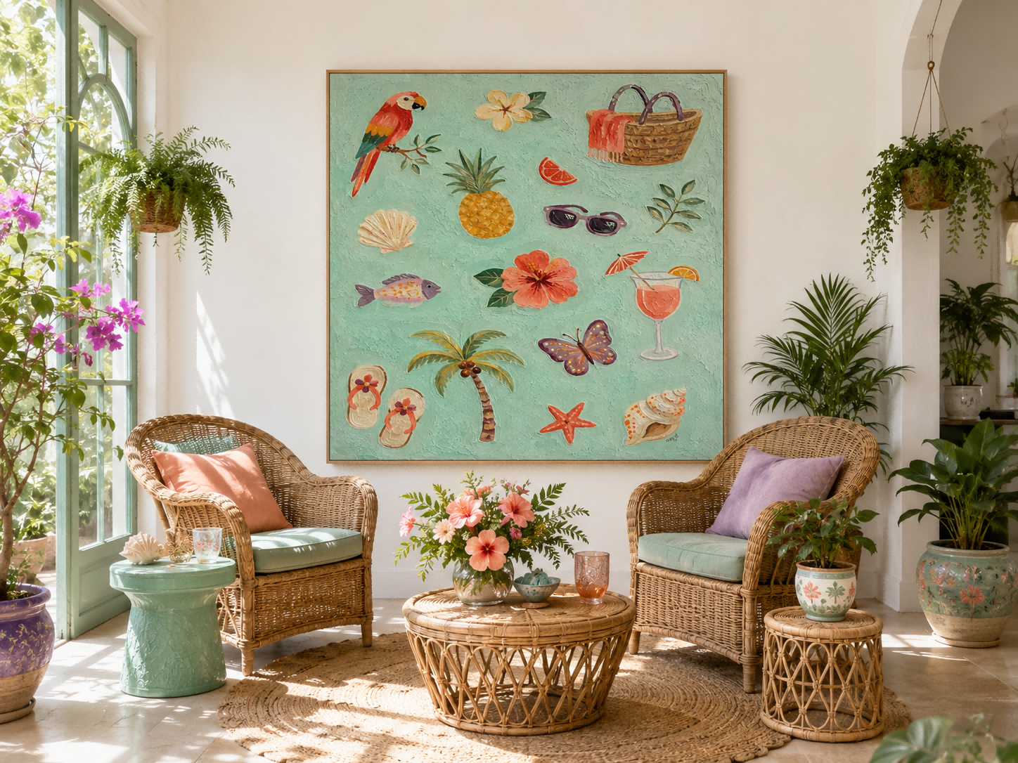 Vibrant Tropical Beach Art With Parrot And Pineapple For Boho Living Room Decor