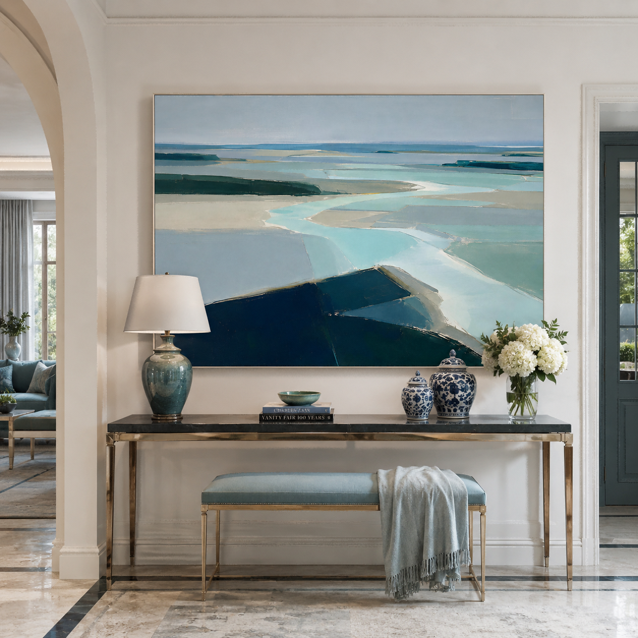 Modern Abstract Landscape Painting With Cool Blue Tones For Living Room Decor