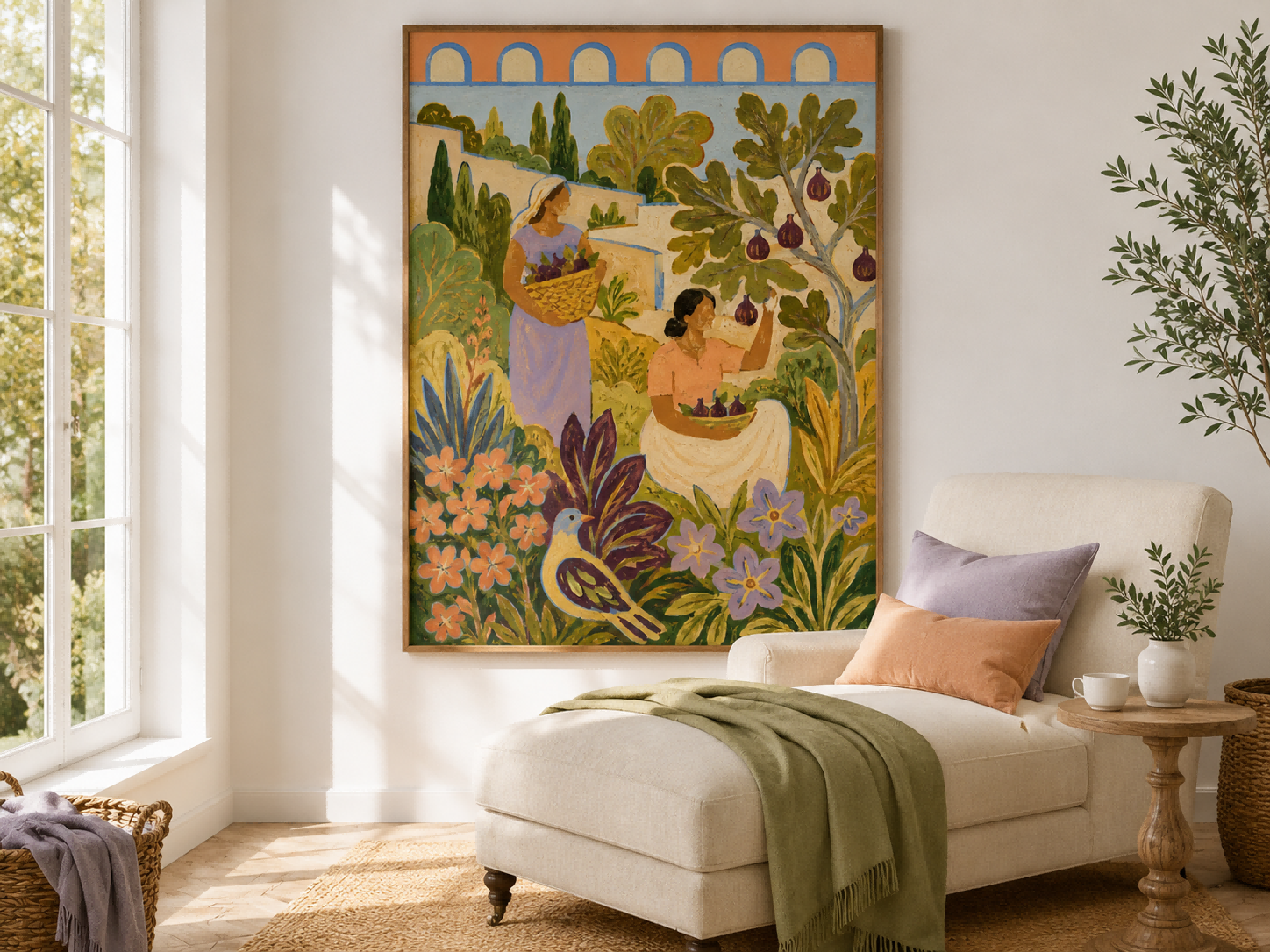 Fantasy Landscape Oil Painting With Purple Figs And Geometric Archways Fantasy Landscape Oil Painting With Purple Figs And Geometric Archways
