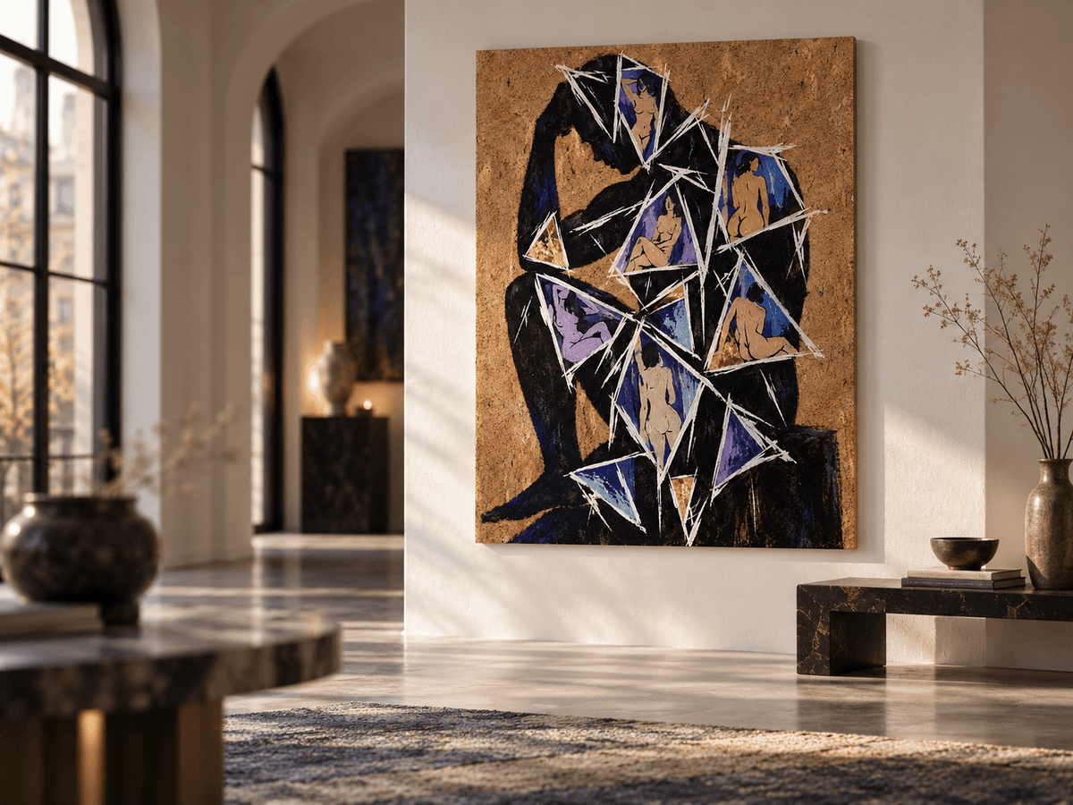 Abstract Thinker Figure Cubist Hand-Painted Canvas Art With Gold Leaf Accents