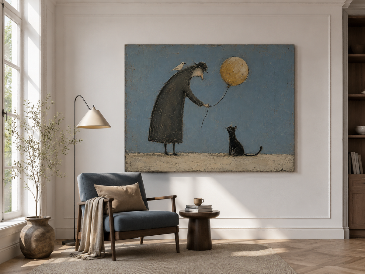 Healing Vintage Illustration Canvas Art Golden Blue Tones Whimsical Living Room Wall Art Modern Vintage Animal Painting