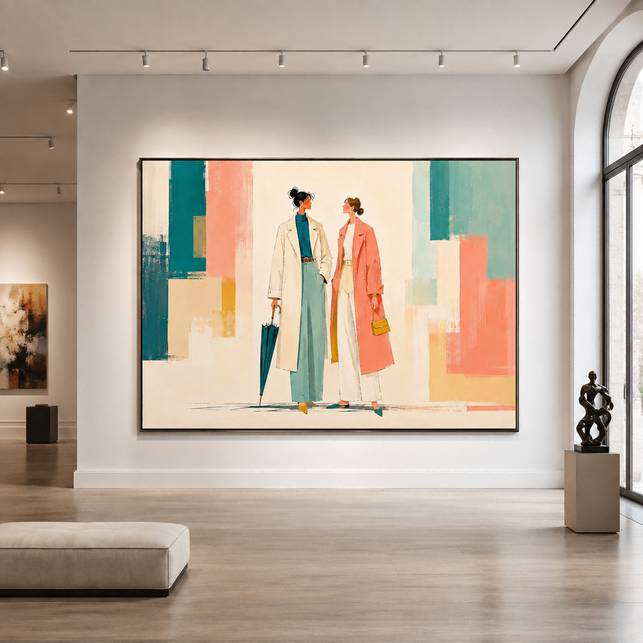Modern Geometric People Art Print With Teal And Coral For Living Room Decor