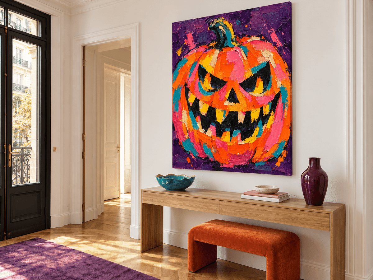 Hand-Painted Abstract Pumpkin Canvas Art With Bold Orange And Purple Colors
