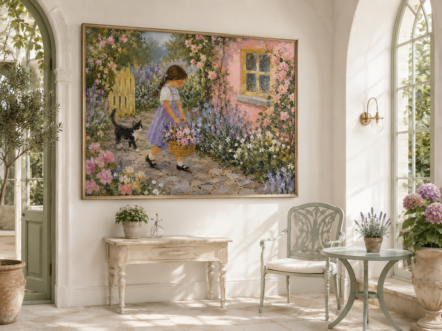 Romantic Impressionist Style Oil Painting Of A Flower Garden Hand-Painted Garden Scene With Girl And Cat Canvas Art