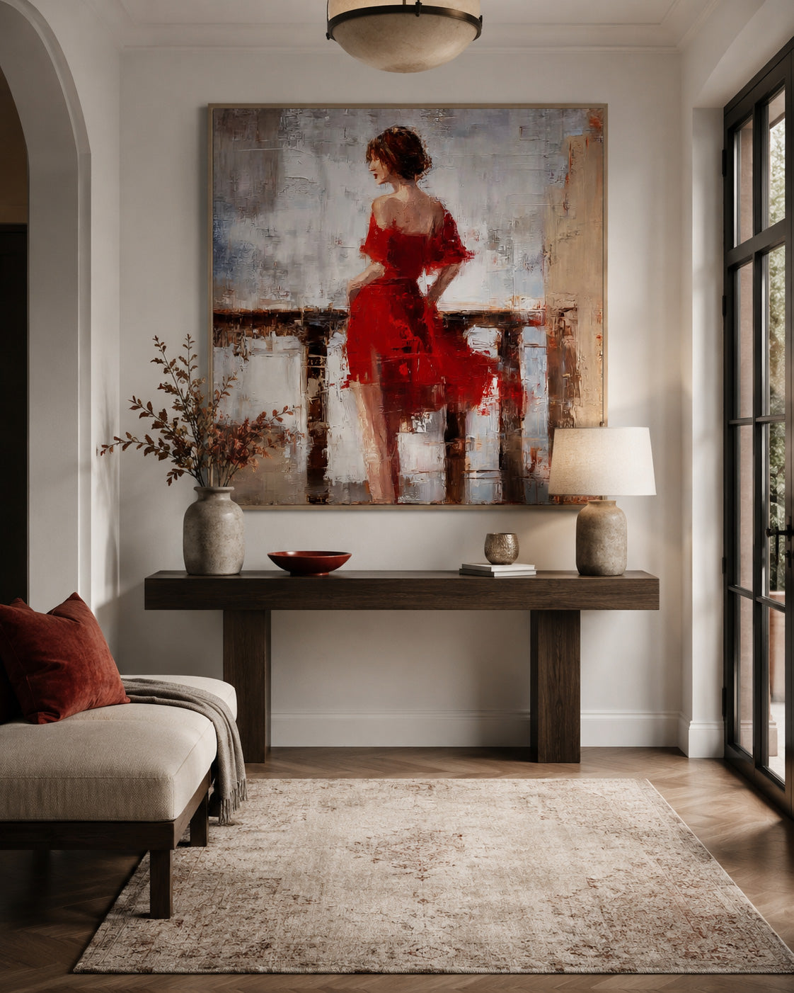Vintage Style Red Dress Woman Painting Original Square Canvas Art For Living Room Decor