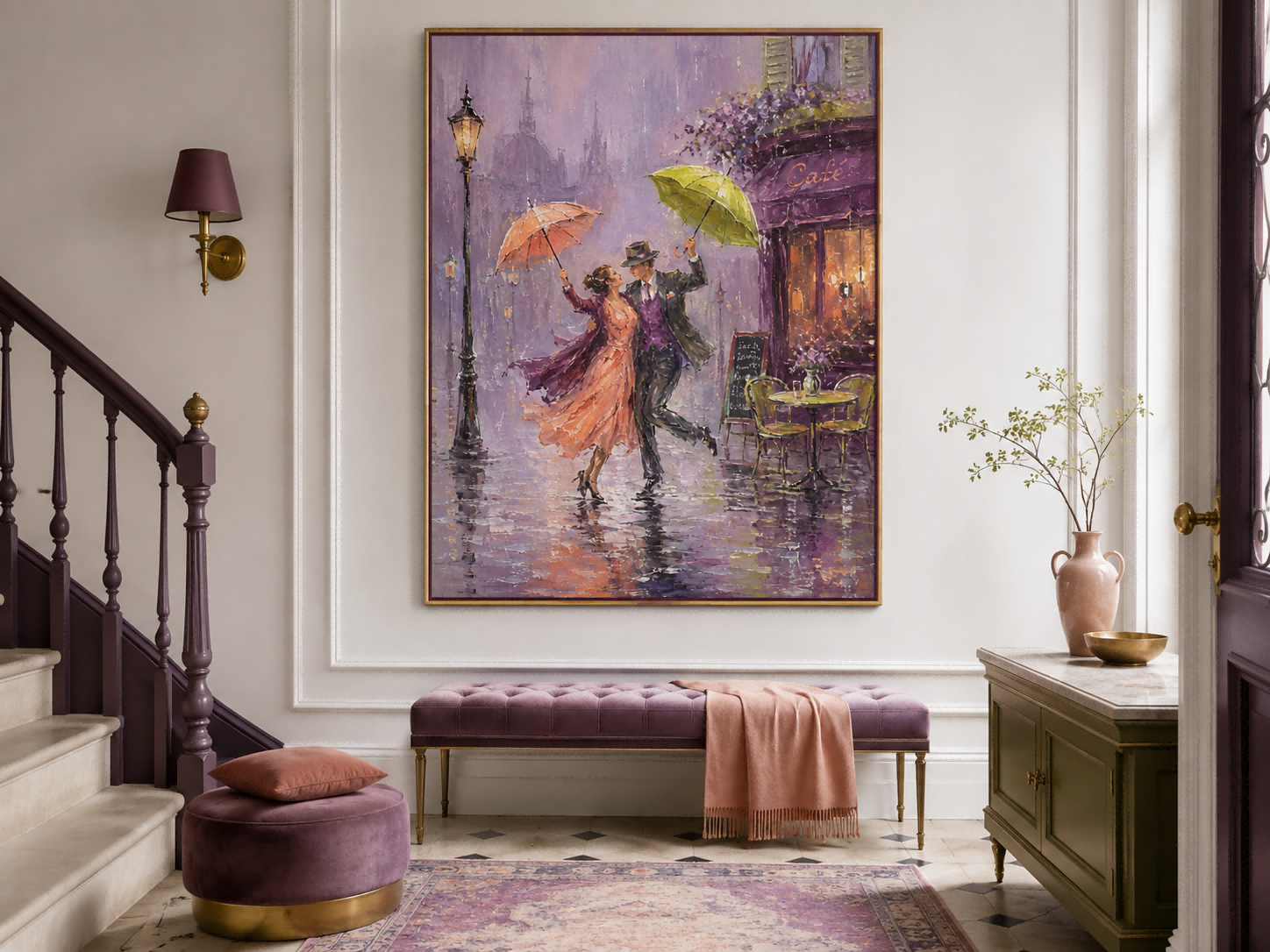 Romantic Impressionist Oil Painting Of Couple Dancing In Rain With Umbrellas For Living Room Decor