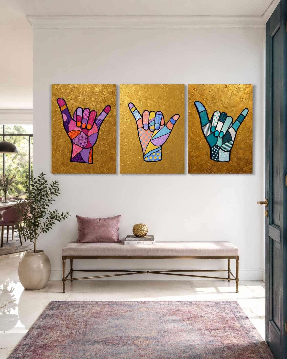 Colorful Geometric Pop Art Triptych With Textured Gold Leaf Finish