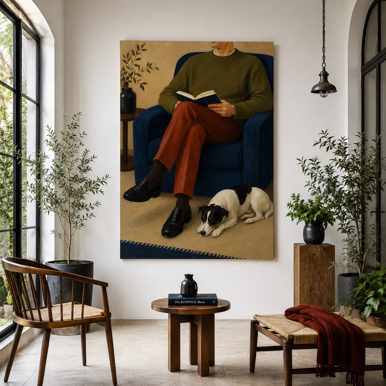 Cozy Living Room Wall Art Featuring Man And Pet In Modern Style