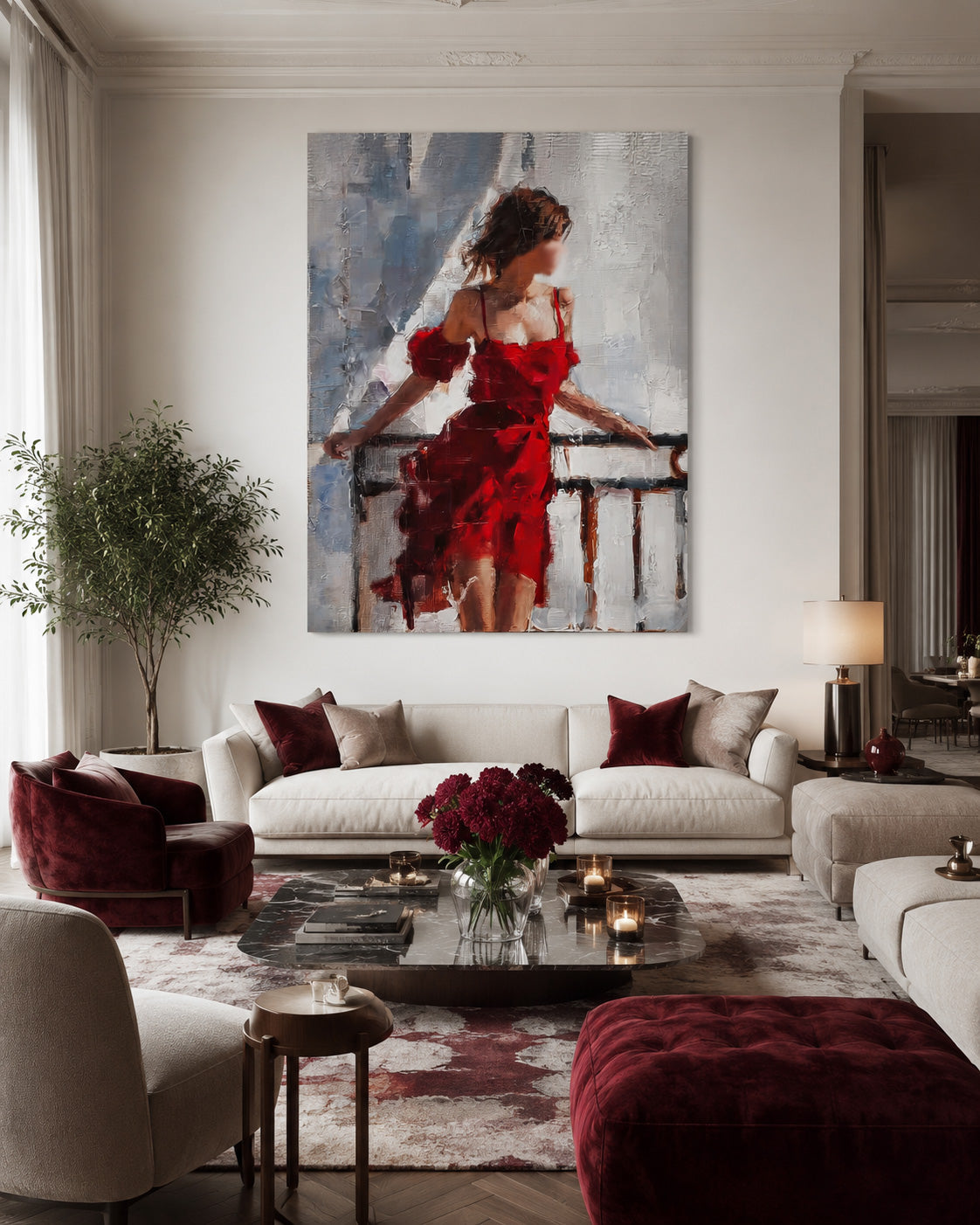 Modern Red Dress Woman Painting Abstract Faceless Figure Art For Living Room Decor