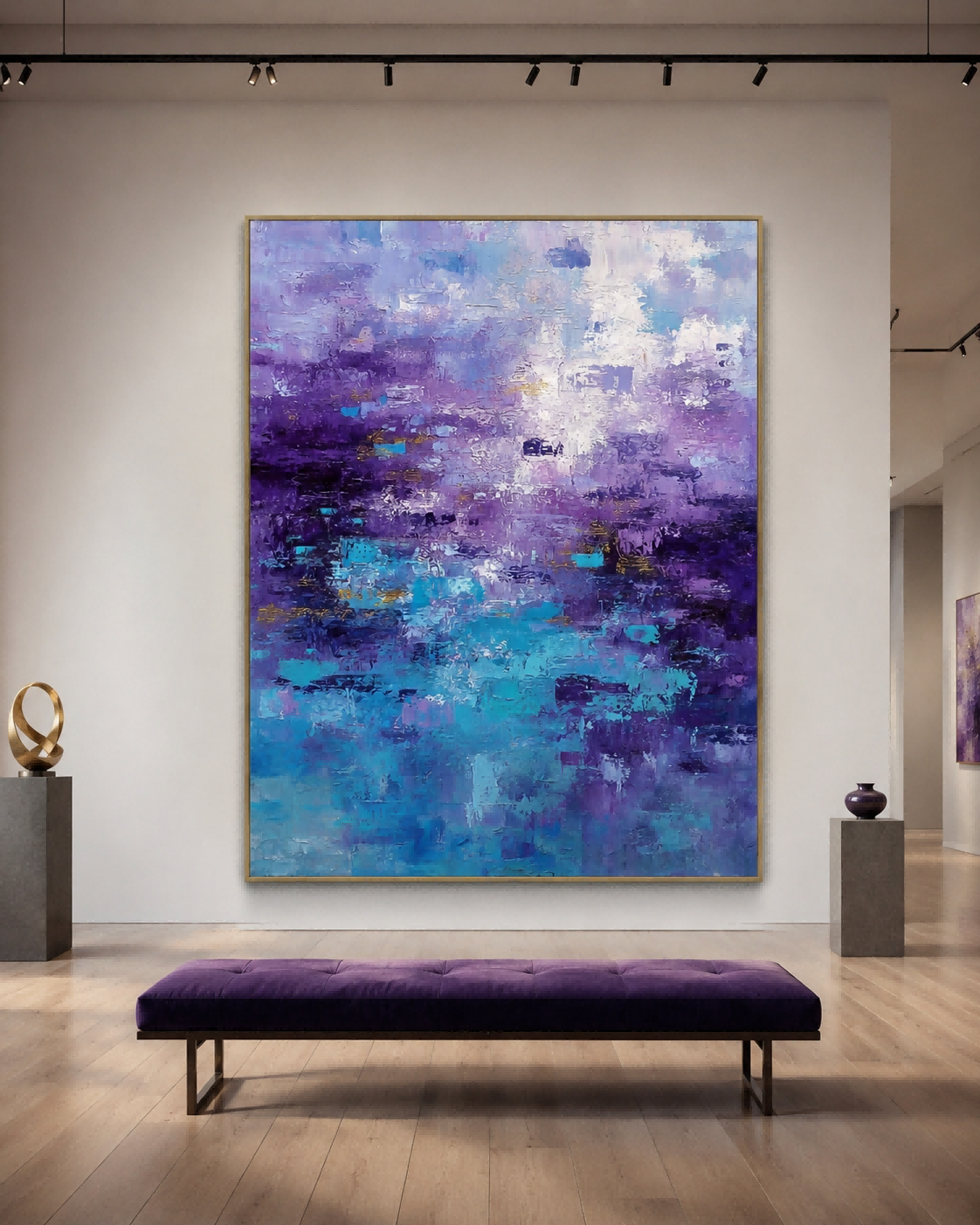 Large Abstract Purple Blue Painting With Textured Brushstrokes For Modern Home Decor