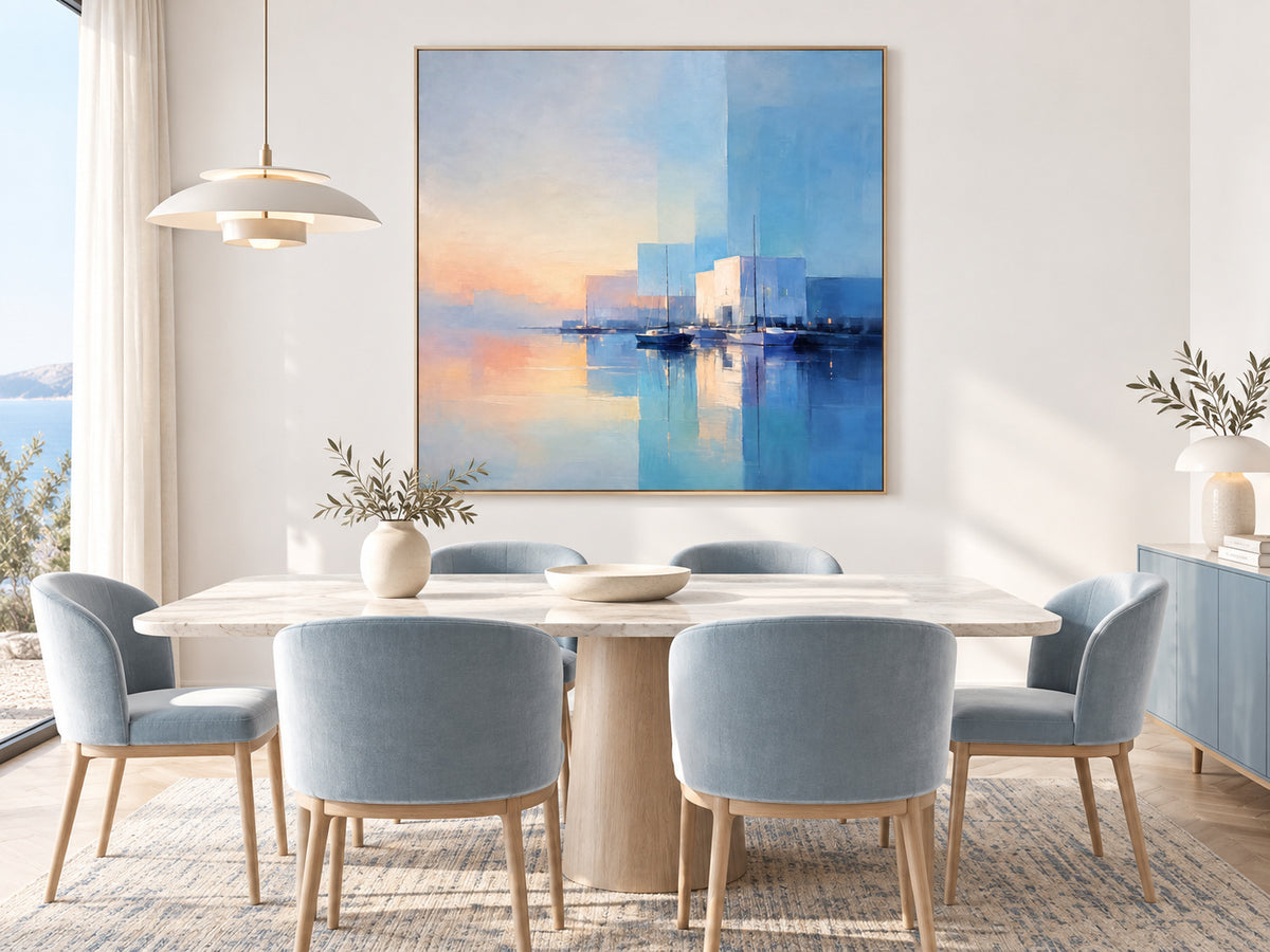 Minimalist Geometric Ocean Painting In Soft Colors For Modern Interiors