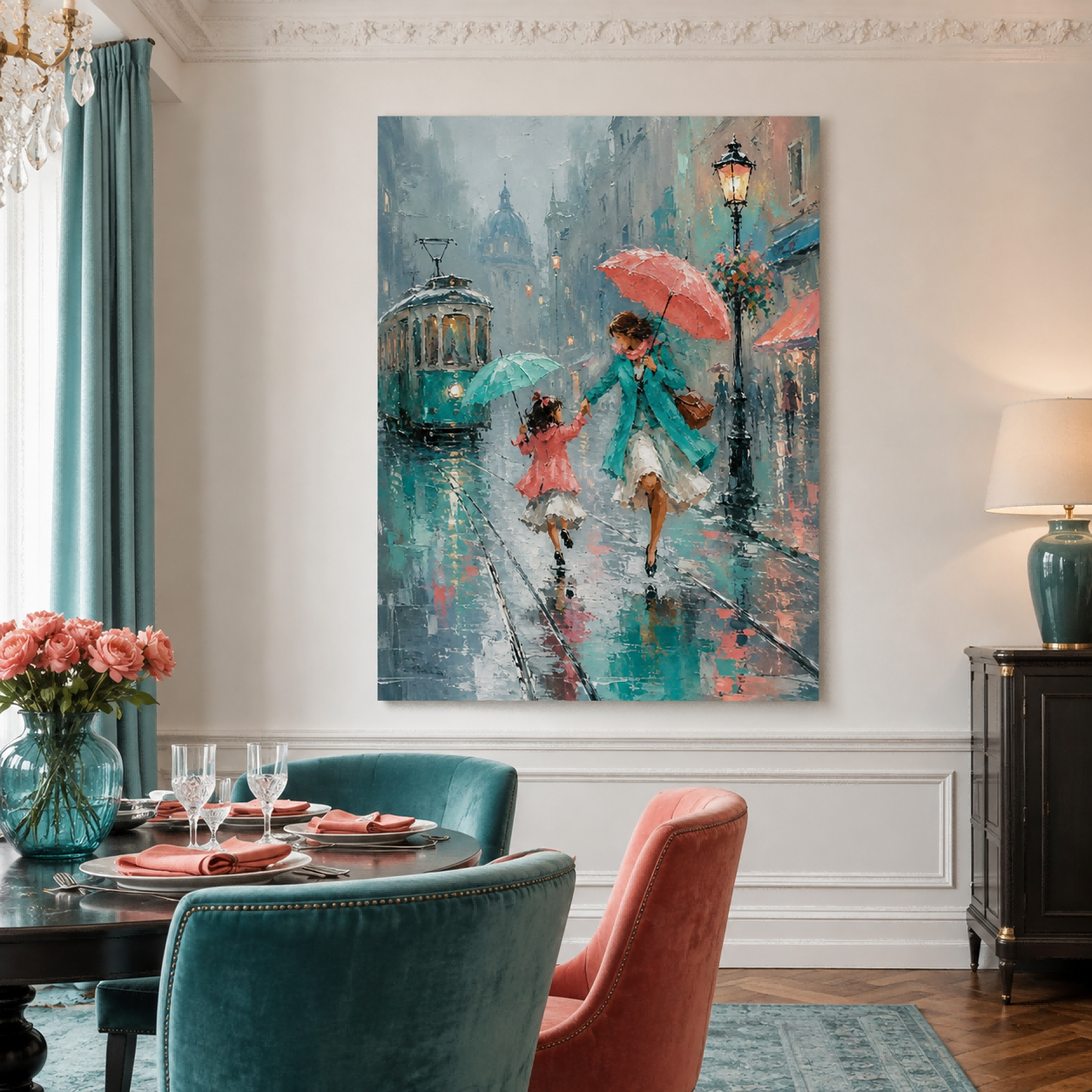 Textured Impressionist Oil Painting Of Mother Daughter Walking In Rain With Umbrellas Urban Life Art