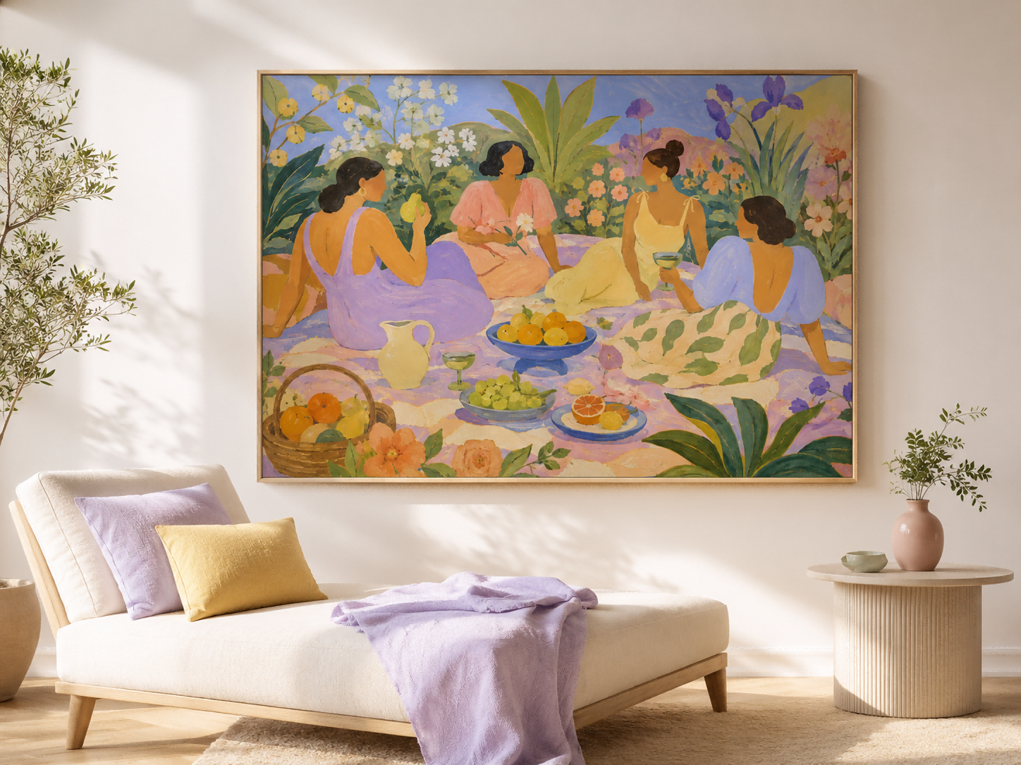 Women Picnic In Fantasy Garden Art Deco Canvas Painting With Fruit And Flowers