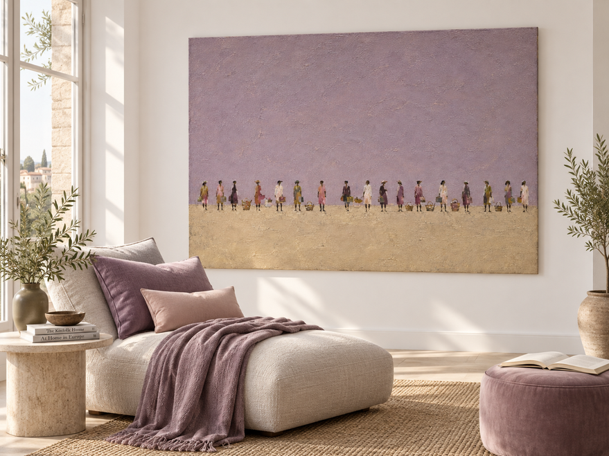 Hand-Painted Women With Baskets Minimalist Canvas Art In Purple And Beige