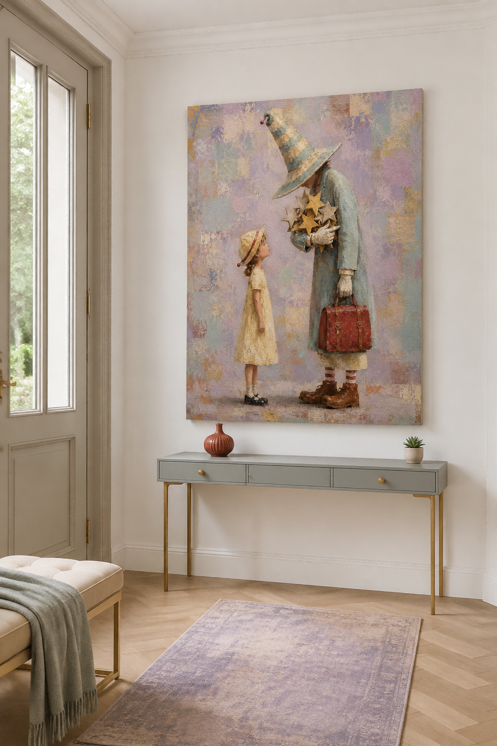 Wizard And Girl With Stars Hand-Painted Fantasy Canvas Art In Dreamy Purple
