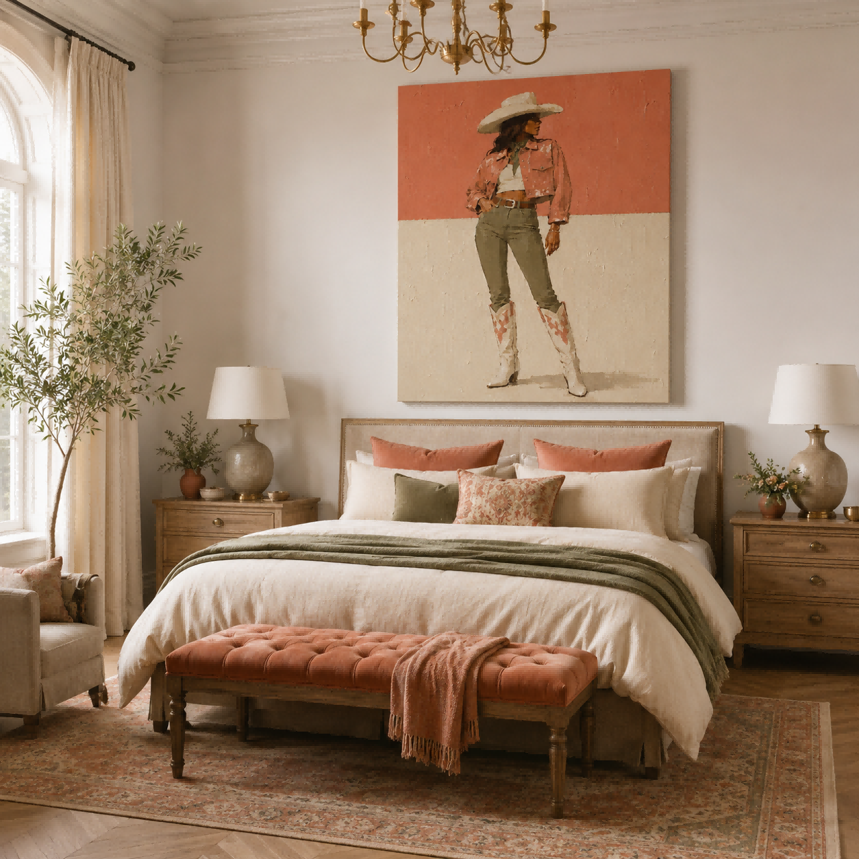 Original Illustrative Female Figure Painting In Retro Style On Linen Canvas
