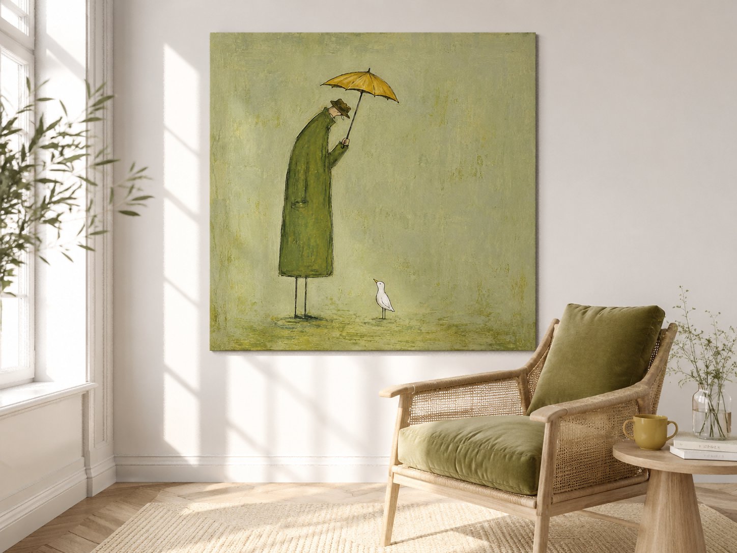 Naive Art Painting Of Man And Bird With Umbrella For Modern Wall Decor