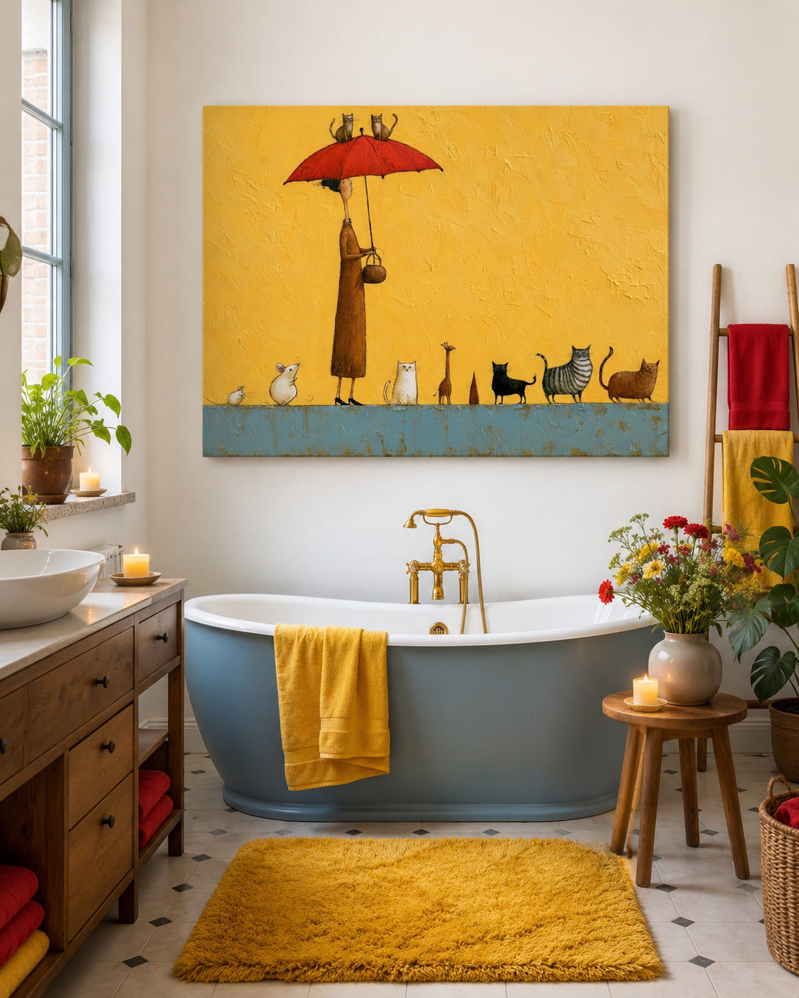 Cute People And Animals Illustration On Textured Canvas For Kids Rooms