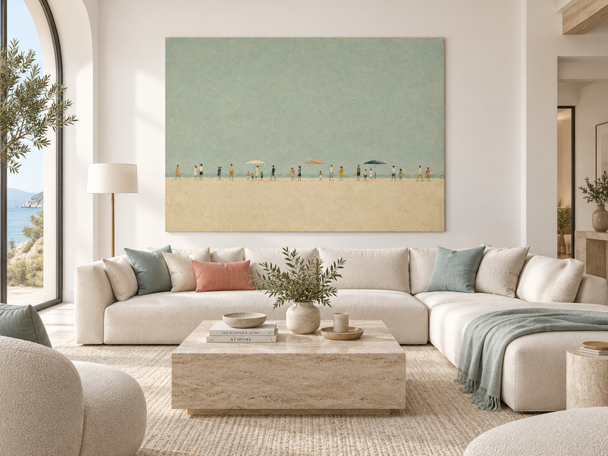 Hand-Painted Beach Scene With Figures And Umbrellas In Sage Green