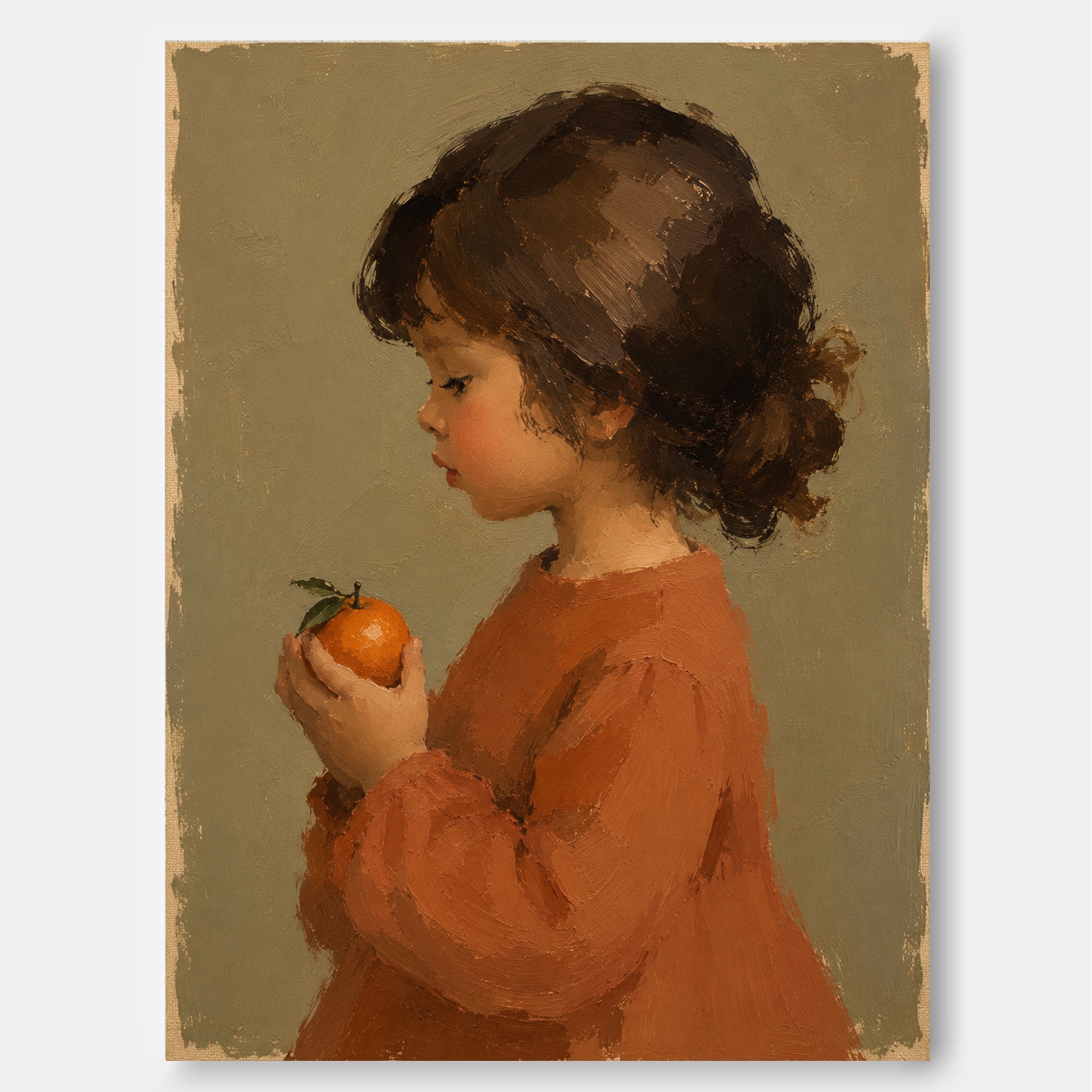 Vintage Girl Portrait With Orange Hand-Painted Canvas Art In Warm Earth Tones