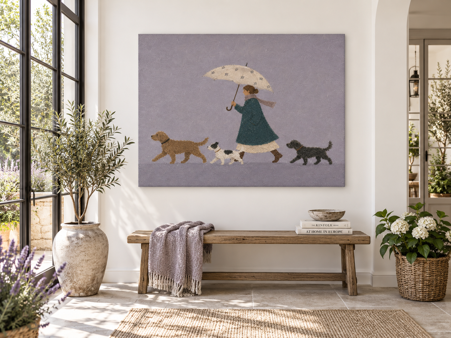 Woman Walking Dogs In Rain Hand-Painted Canvas Art With Umbrella