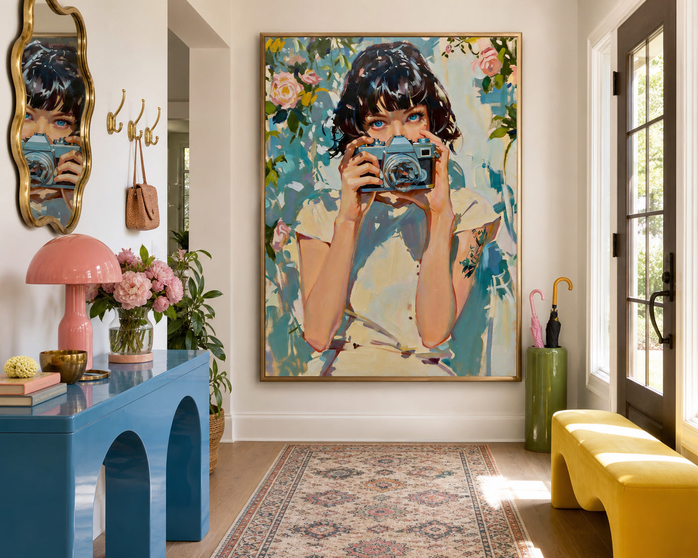 Hand Painted Acrylic And Oil Canvas Of Girl Holding Vintage Camera