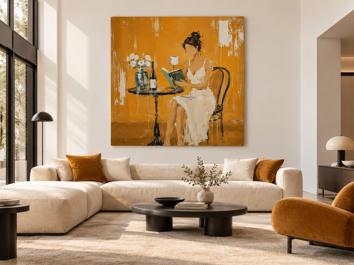 Textured Abstract Expressionist Oil Painting Minimalist Figure In Golden Light