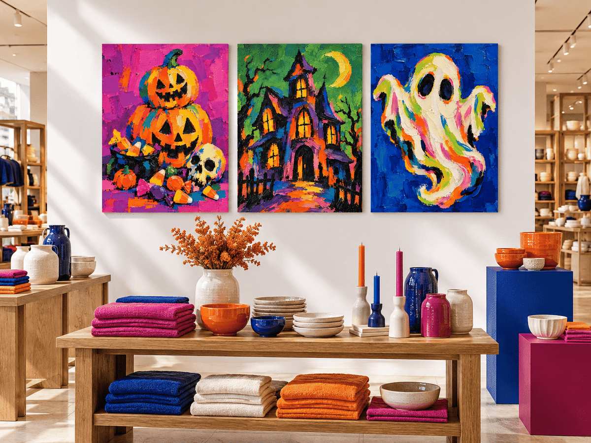 3P Hand-Painted Halloween Pumpkin Ghost Haunted House Canvas Art Set